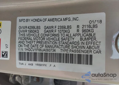 2018 Honda Accord Ex-L z USA, uszkodzony, nr VIN 1HGCV1F66JA093734